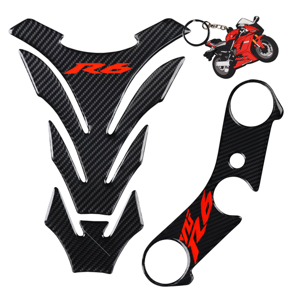 Real Carbon Fiber, Triple Tree Front End Upper, Top Clamp Decal Stickers, Tank Pad, Tank Protector for Yzf R6 with Keychain, 3 Pcs Per Set